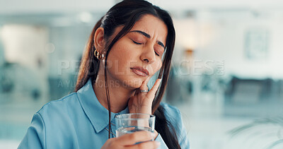 Buy stock photo Water, business woman and toothache in office from tooth decay, gum disease and uncomfortable ache. Professional, employee and liquid with pain from cavity inflammation, dental problem and infection