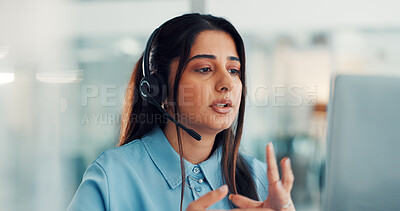 Buy stock photo Telemarketing, headset and woman with laptop, call center or talking to contact for lead generation. Consultant, discussion and person with tech for communication, sales and customer service on web