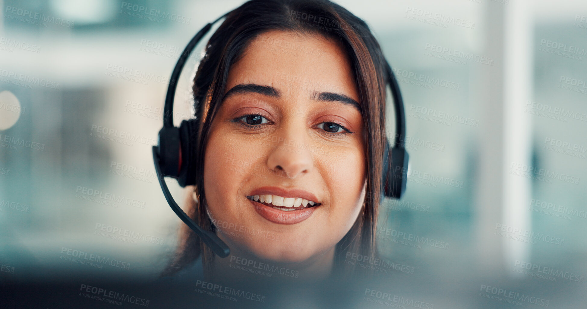 Buy stock photo Call center, headset and woman with laptop, happy or communication with contact for lead generation. Consultant, discussion and person with tech for telemarketing, talking and customer service on web