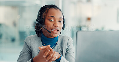 Buy stock photo Call center, headset and woman with laptop, online or communication with contact for lead generation. Consultant, discussion and black person with tech for telemarketing, talk and customer service