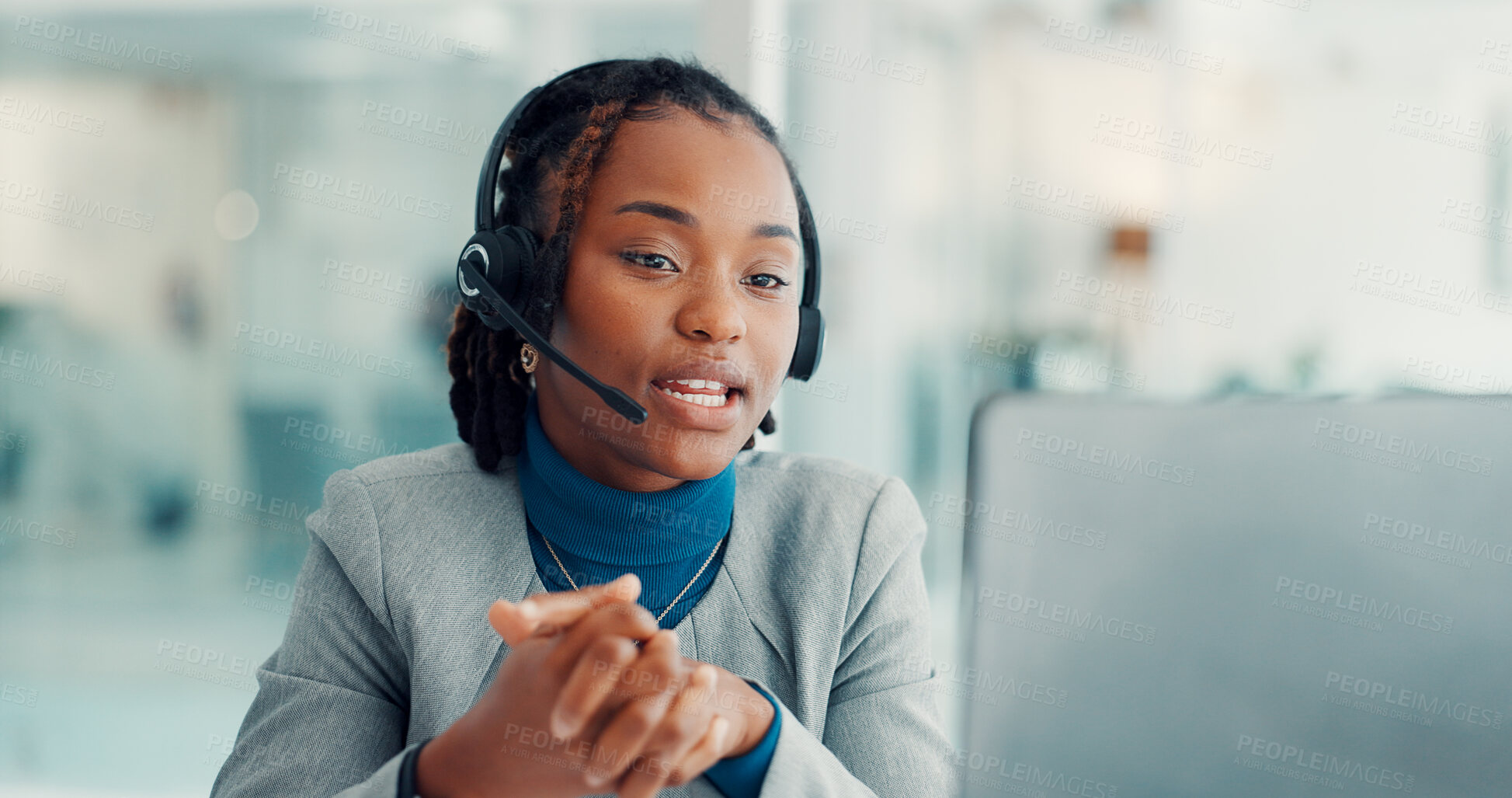 Buy stock photo Call center, headset and woman with laptop, online or communication with contact for lead generation. Consultant, discussion and black person with tech for telemarketing, talk and customer service