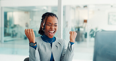 Buy stock photo Business, woman and celebration with computer in office for article success, trending story and reward. Journalist, black person and tech with victory fist for blog recognition and career achievement