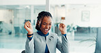 Excited, woman and celebration with computer in office for article success, journalism award or email. Journalist, black person and victory fist for trending topic, career achievement and good news