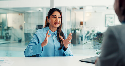 Buy stock photo Interview, business woman and discussion in office for hiring process, salary negotiation and questions. Happy, candidate and HR manager with FAQ for performance review, job opportunity or onboarding