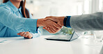 Shaking hands, interview and welcome for hiring, recruitment process and deal at company. Person, human resources manager and handshake with thanks, agreement or onboarding with success at agency