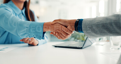 Buy stock photo Shaking hands, interview and welcome for hiring, recruitment process and deal at company. Person, human resources manager and handshake with thanks, agreement or onboarding with success at agency