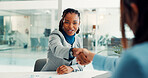 Woman, shaking hands and smile with hiring, welcome and recruitment process for deal at company. Person, human resources and handshake with thanks, agreement or onboarding with interview at agency