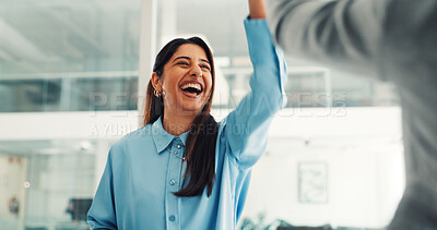 Buy stock photo Woman, high five and smile with celebration at startup, goals or motivation for team at media company. Person, happy and support with thanks, agreement or success with achievement at creative agency