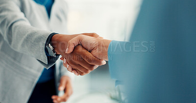Buy stock photo Shaking hands, interview and agreement for onboarding, recruitment process and success at company. Person, human resources manager and handshake with welcome, deal or hiring with thanks at agency