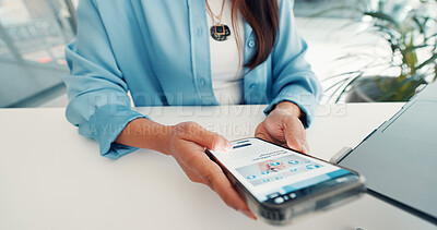 Buy stock photo Hands, phone and business woman in office for online website, investment research and internet. Professional, corporate and person on smartphone for connection, scroll mobile app and financial news