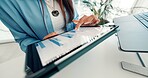 Hands, tablet and business person with graph for finance report, investment research and statistics. Professional, corporate and woman on digital tech for financial chart, planning and budget review