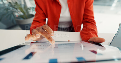 Buy stock photo Hands, tablet and business person with graph for online website, investment research and budget. Professional, corporate and worker on digital tech for statistics, company growth and financial report