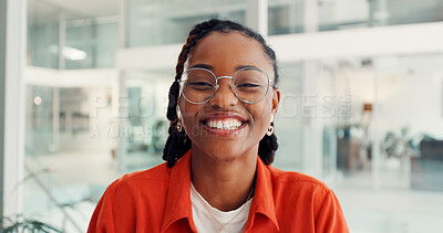 Buy stock photo Portrait, business woman and happy in office for journalism, creative internship and about us. Intern journalist, black person and excited in newsroom for news reporting, career development and pride