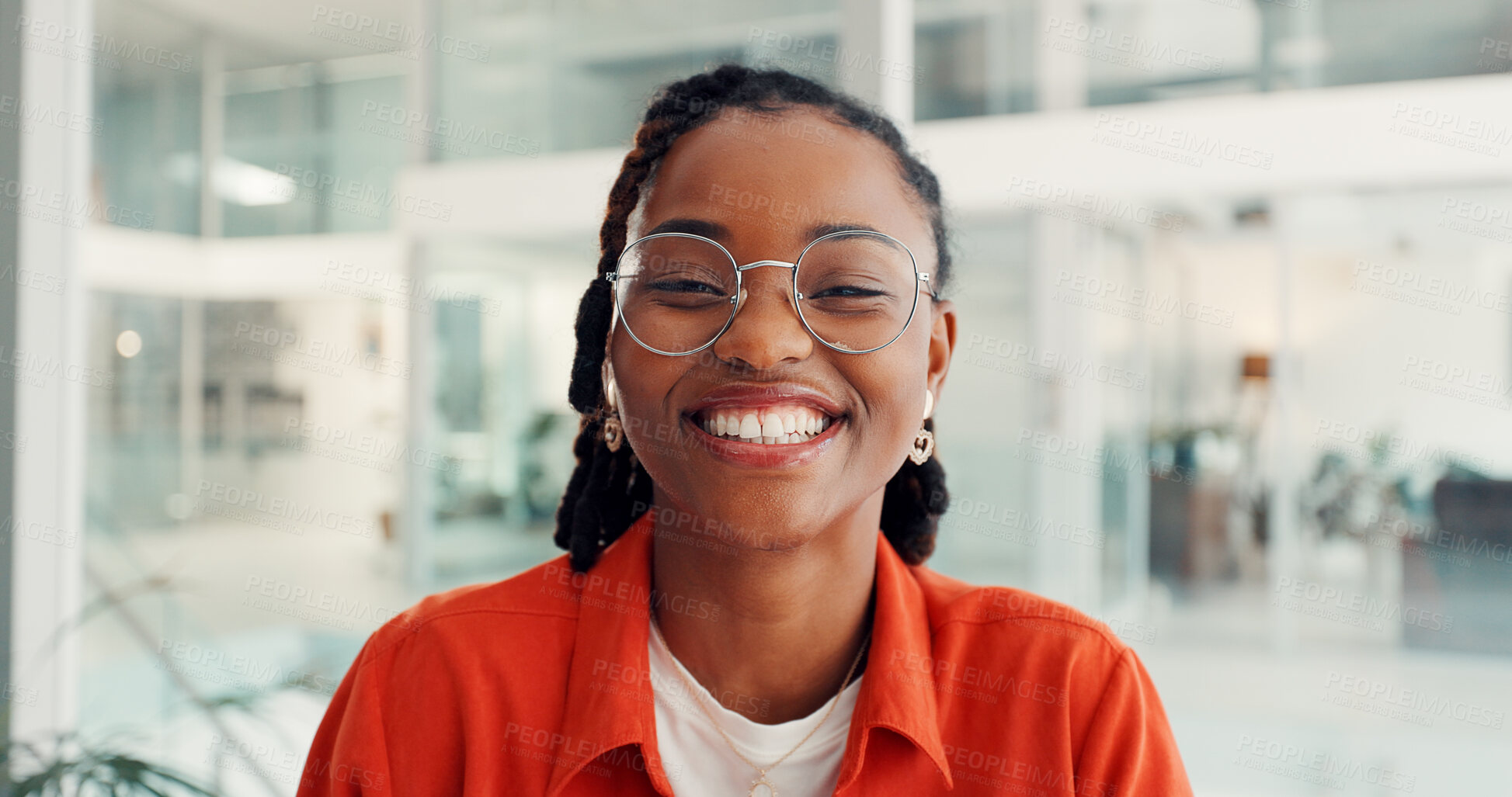 Buy stock photo Portrait, business woman and happy in office for journalism, creative internship and about us. Intern journalist, black person and excited in newsroom for news reporting, career development and pride