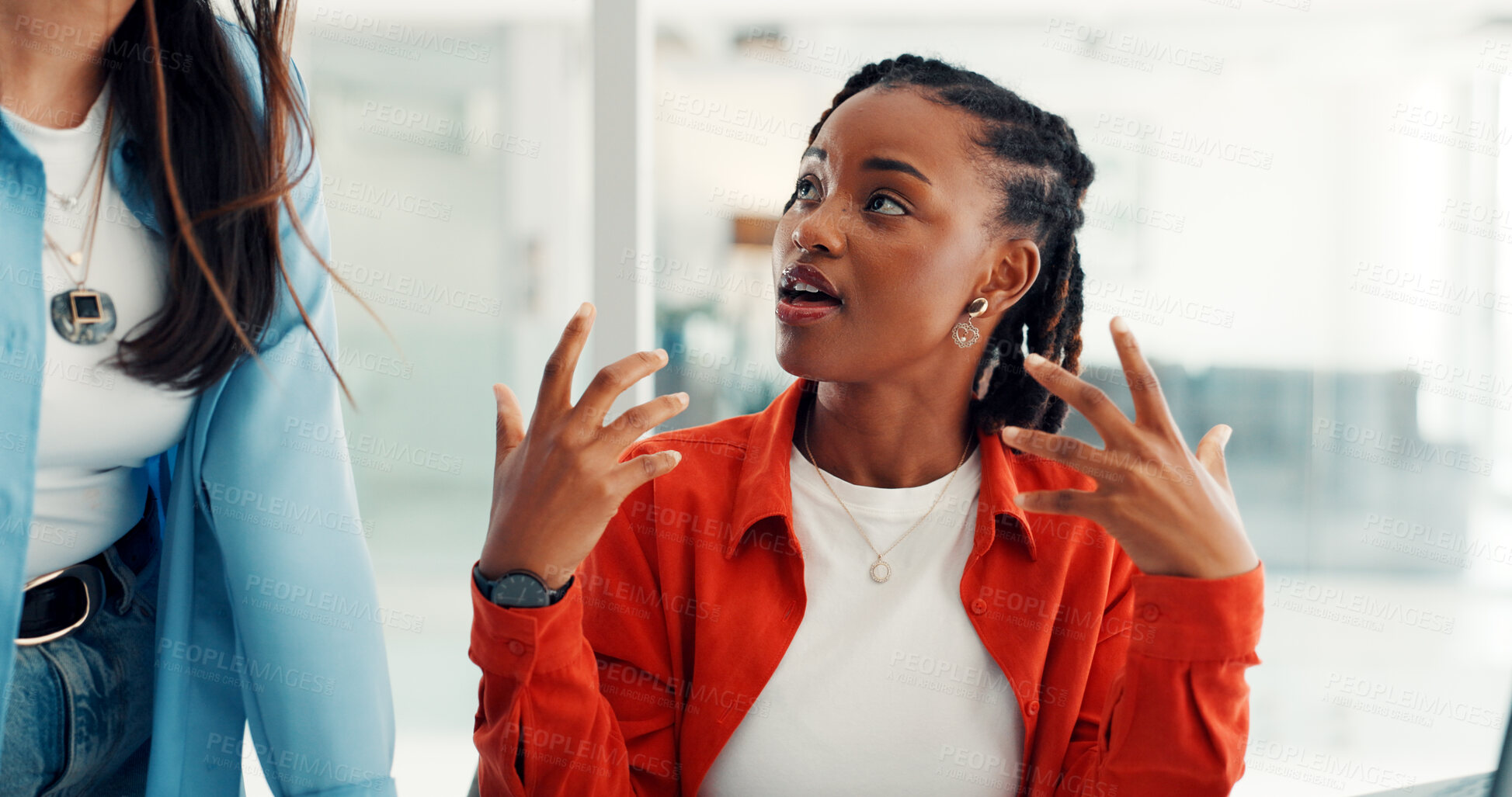 Buy stock photo Meeting, business women and discussion in office for story planning, article ideas or topic briefing. Publishing agency, editor and team with feedback for breaking news, editorial guidance or advice