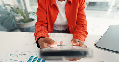 Buy stock photo Hands, phone and business woman typing in office for online website, investment research and internet. Closeup, corporate and person on smartphone for connection, scroll mobile app and financial news