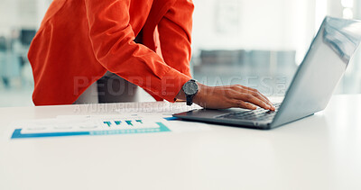 Buy stock photo Hands, paperwork and business person on laptop for finance report, online research and statistics. Professional, corporate and worker on computer for financial review, documents and budget planning