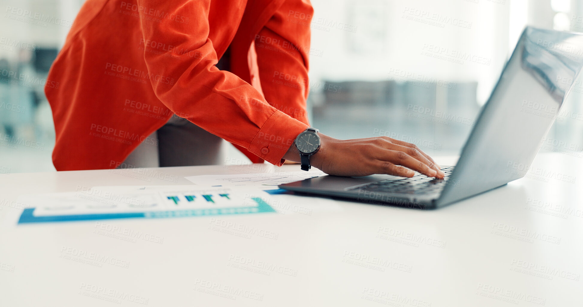 Buy stock photo Hands, paperwork and business person on laptop for finance report, online research and statistics. Professional, corporate and worker on computer for financial review, documents and budget planning