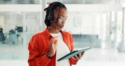 Buy stock photo Headset, consultation and woman with tablet, call center or talking with contact for lead generation. Telemarketing, consultant and person with tech for discussion, sales and customer service on web