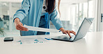 Hands, paperwork and business woman on laptop for budget report, accounting and finance report. Corporate, office and person on computer with financial documents for planning, research and statistics