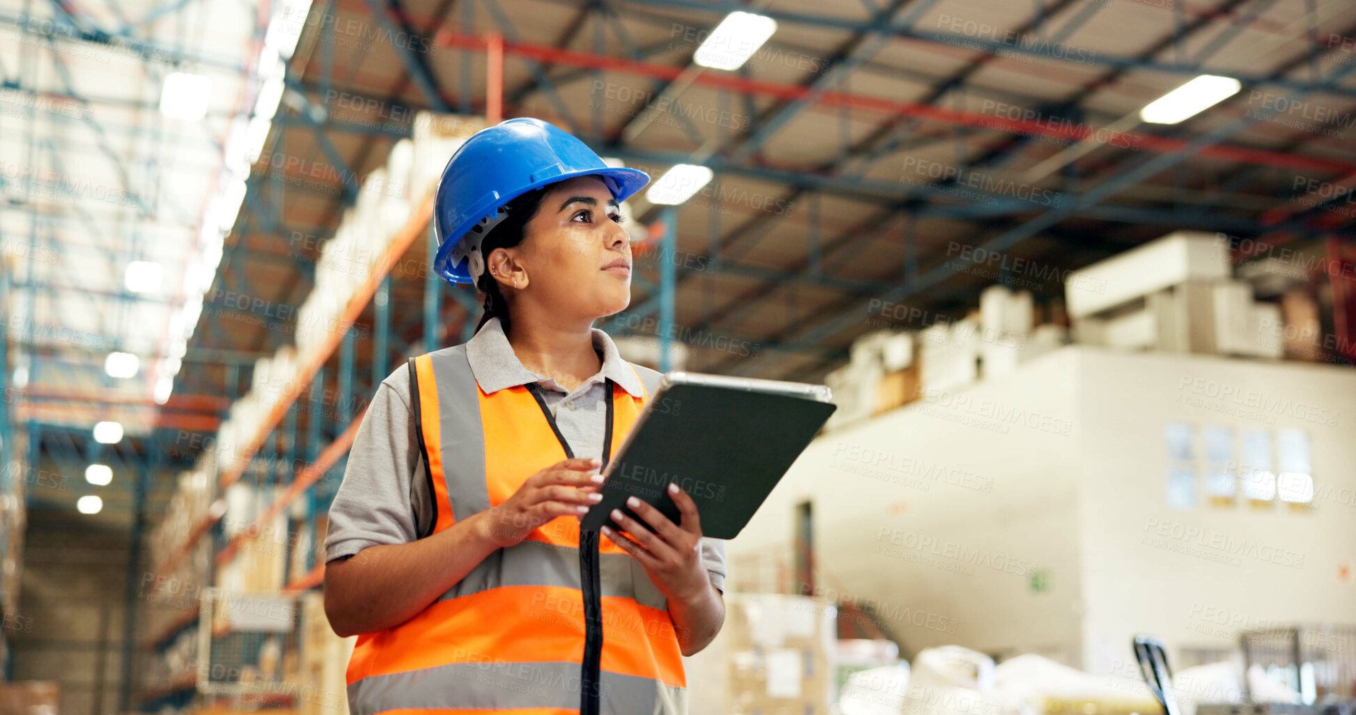 Buy stock photo Warehouse, supervisor and woman with tablet, logistics and stock inventory with web or supply chain. Shipping, factory and person with tech for quality assurance, think and planning for distribution