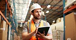 Warehouse, distribution and man on tablet for inspection, delivery schedule and inventory stock. Shipping, storage depot and person on digital tech for online logistics, supply chain and production