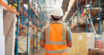 Buy stock photo Logistics, inspection or man in storage warehouse for inventory check, shipping or stock distribution. Supply chain, quality control or worker with helmet for depot evaluation, monitor safety or back