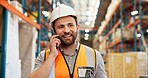 Supply chain, phone call and man in warehouse, logistics and schedule for cargo shipping. Person, inspector and employee in factory, cellphone or distribution with delivery checklist or communication