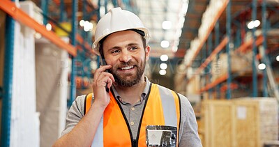 Buy stock photo Supply chain, phone call and man in warehouse, logistics and schedule for cargo shipping. Person, inspector and employee in factory, cellphone or distribution with delivery checklist or communication