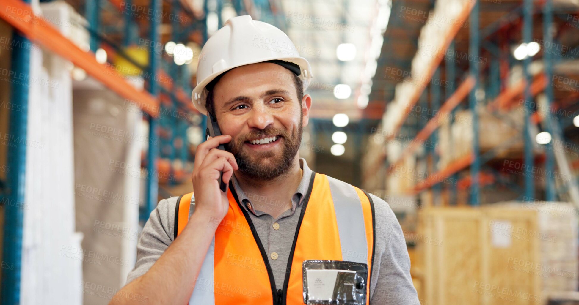 Buy stock photo Supply chain, phone call and man in warehouse, logistics and schedule for cargo shipping. Person, inspector and employee in factory, cellphone or distribution with delivery checklist or communication