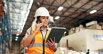 Buy stock photo Woman, phone call or logistics with tablet for inventory, checklist or communication in depot. Female person, distributor or supplier talking with mobile smartphone, technology or stock in warehouse