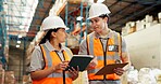 Warehouse, distribution and people on tablet for supply chain, delivery schedule and inventory checklist. Shipping, teamwork and workers on digital tech for online logistics, meeting and inspection