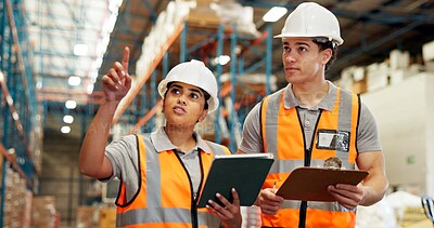 Buy stock photo Talking, shipping and people on tablet for supply chain, delivery schedule and inventory checklist. Distribution, teamwork and workers on digital tech for online logistics, meeting and inspection