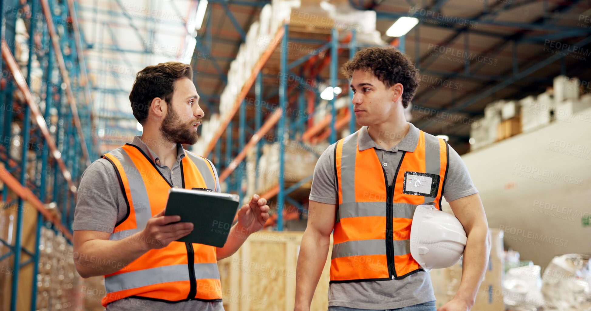 Buy stock photo Warehouse, shipping and men on tablet for supply chain, delivery schedule and inventory checklist. Distribution, teamwork and workers on digital tech for online logistics, meeting and inspection