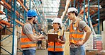 Logistics, checklist or people talking in warehouse for shipping schedule, transport or distribution. Supply chain, teamwork or group planning with export agenda, freight delivery or shipment storage