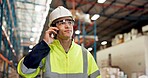 Talking, phone call and man in warehouse for shipping, delivery schedule or supply chain update. Distribution, storage depot and person on smartphone for contact for logistics, planning or production