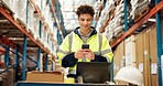 Supply chain, man or typing in warehouse with phone for shipping, export and logistics communication. Worker, happy person and tech in storehouse for text message, distribution and delivery feedback.