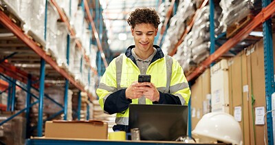 Buy stock photo Supply chain, man or typing in warehouse with phone for shipping, export and logistics communication. Worker, happy person and tech in storehouse for text message, distribution and delivery feedback.