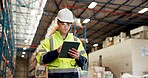Businessman, logistics and checking inventory with tablet in warehouse for supply chain or stock. Man, distributor or supplier with technology for storage maintenance or quality control in depot