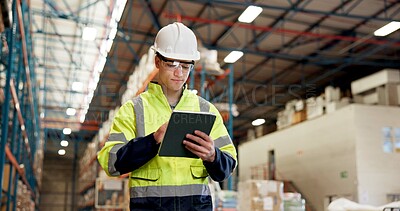 Buy stock photo Businessman, logistics and checking inventory with tablet in warehouse for supply chain or stock. Man, distributor or supplier with technology for storage maintenance or quality control in depot