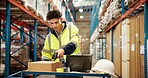 Warehouse, shipping and man with barcode on box for supply chain, shipment orders or inventory. Distribution, storage depot and person on laptop for inspection, logistics or delivery label on website