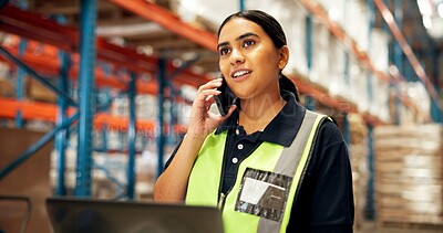 Buy stock photo Supply chain, phone call and woman in workplace, logistics and schedule with planning. Person, inspector and employee in warehouse, cellphone or distribution with communication, pc and contact