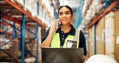 Buy stock photo Supply chain, phone call and woman in warehouse, laptop and schedule for cargo shipping. Person, pc or employee in factory, cellphone or distribution with delivery checklist, contact or communication