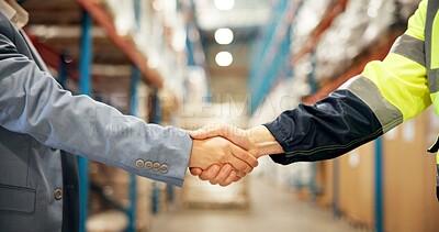 Buy stock photo Business people, logistics or handshake with b2b in warehouse for partnership, deal or supply chain. Closeup, distributor or supplier shaking hands in aisle for shipping, distribution or wholesale
