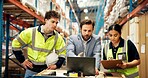 Logistics, review or team in warehouse with laptop, checklist or inventory management of shipment. Distribution, tech or supplier in depot with clipboard, order track or collaboration in supply chain