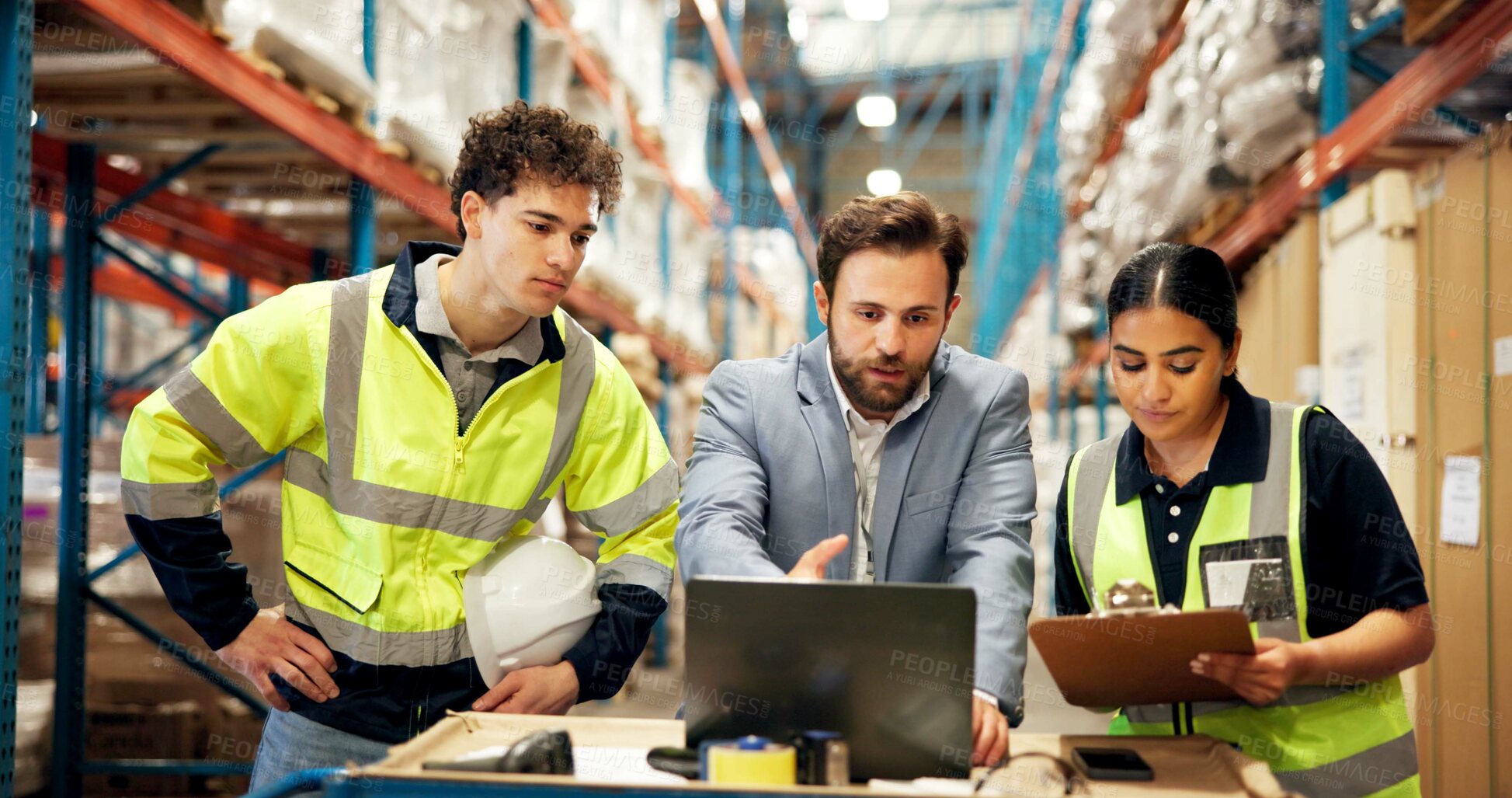 Buy stock photo Logistics, review or team in warehouse with laptop, checklist or inventory management of shipment. Distribution, tech or supplier in depot with clipboard, order track or collaboration in supply chain