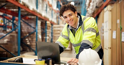 Buy stock photo Warehouse, portrait and man on laptop for supply chain, shipping orders and online inventory. Distribution, storage depot and person on computer for inspection, logistics or delivery stock on website