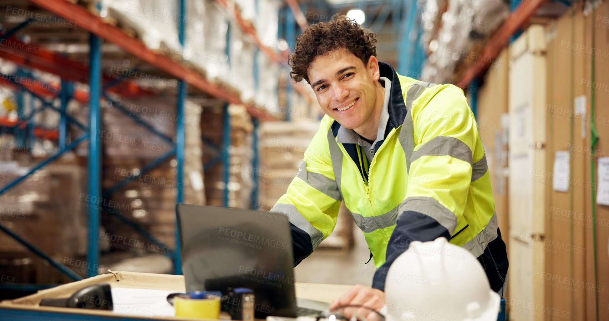 Buy stock photo Warehouse, portrait and man on laptop for supply chain, shipping orders and online inventory. Distribution, storage depot and person on computer for inspection, logistics or delivery stock on website