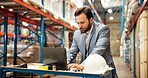 Boss, man and typing in warehouse with laptop for shipping email, export and logistics communication. Manager, person and computer in storehouse for supply chain, distribution and delivery feedback.