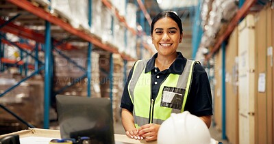Buy stock photo Warehouse, portrait and woman on laptop for supply chain, shipment orders and online inventory. Distribution, storage depot and happy person on computer for website, shipping and delivery stock
